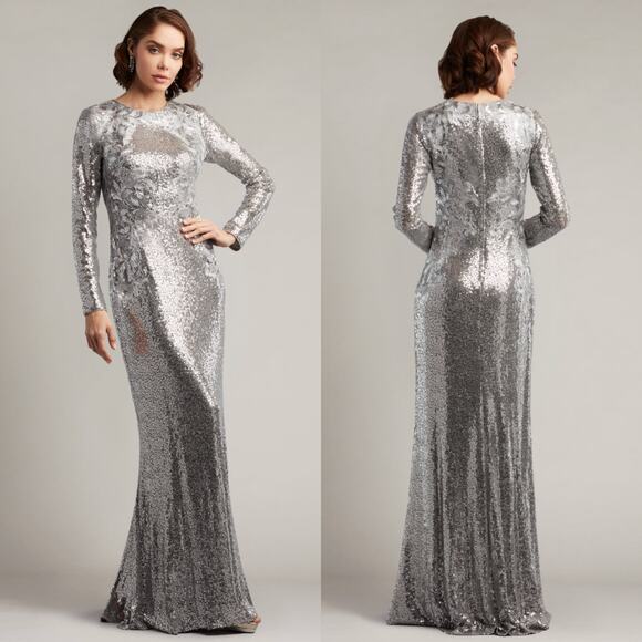 Tadashi Shoji Bruneli Long-Sleeve Sequin Gown Silver L - Picture 1 of 10